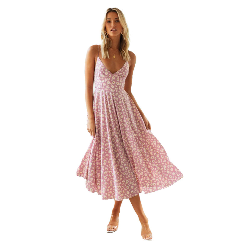 2023 Amazon Independent Station European and American Spring and Summer New Bohemian Sexy Sling Printed Beach Dress for Women