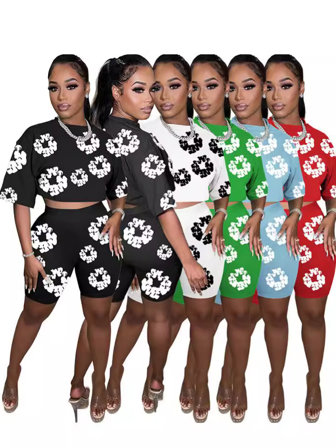 D88224 European and American women's independent station summer cross-border supply round neck short sleeve shorts popular digital printing suit