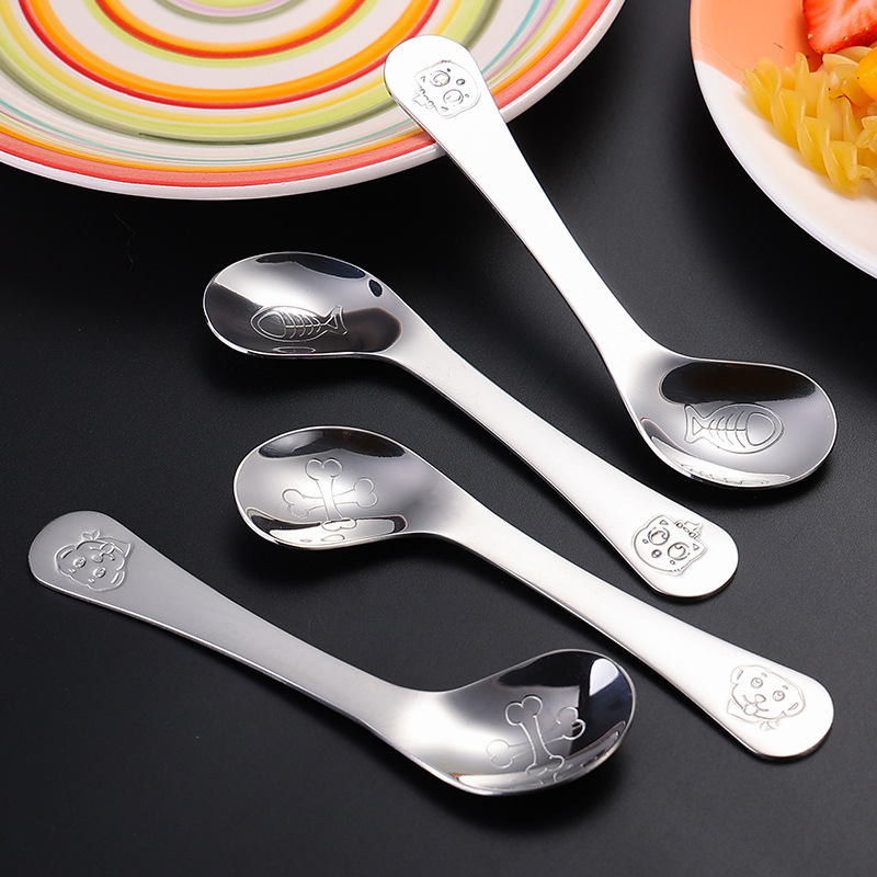 304 stainless steel baby learning to eat training spoon children's crooked mouth elbow training spoon creative cartoon baby spoon