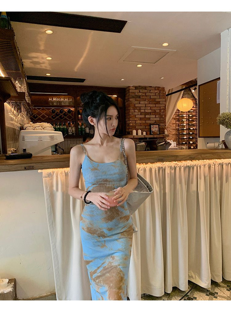 Blue Sling Spice Girl Dress Women's Summer New Tie-Dye Sexy Style Design Split Hip Long Dress