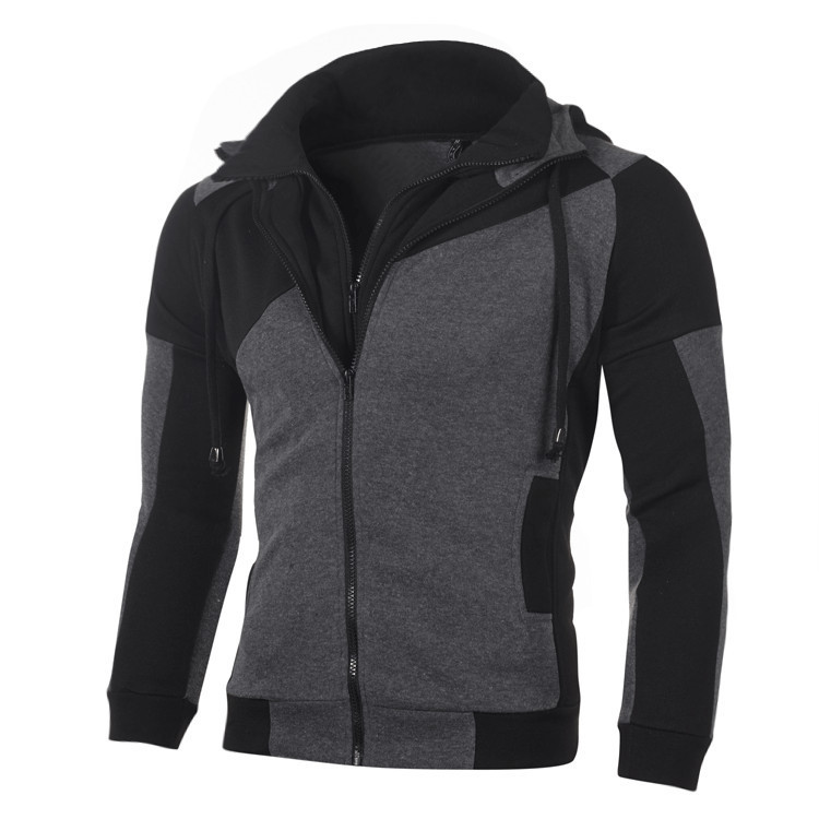 2020 New Amazon Men's Personalized Color Matching Double Layer Zipper Hooded Cardigan Slim-Fit Sweatshirt