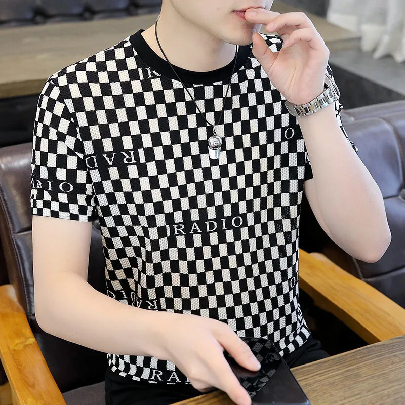 Short-sleeved T-shirt Men's Ice Silk Modal European Quick-drying Fashionable Printed ins Half-sleeved T-shirt TikTok Explosions Men's Wear