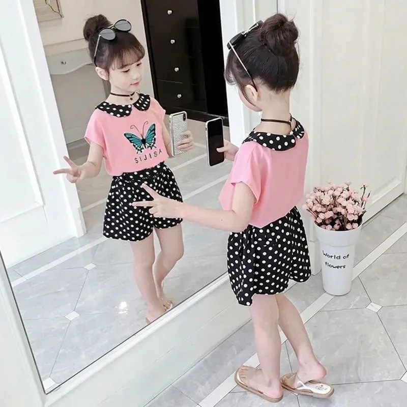 Girls' Sports Suit Summer New Children's Suit Girl's Western Style Wave Point Beach Two-Piece Shorts Sportswear