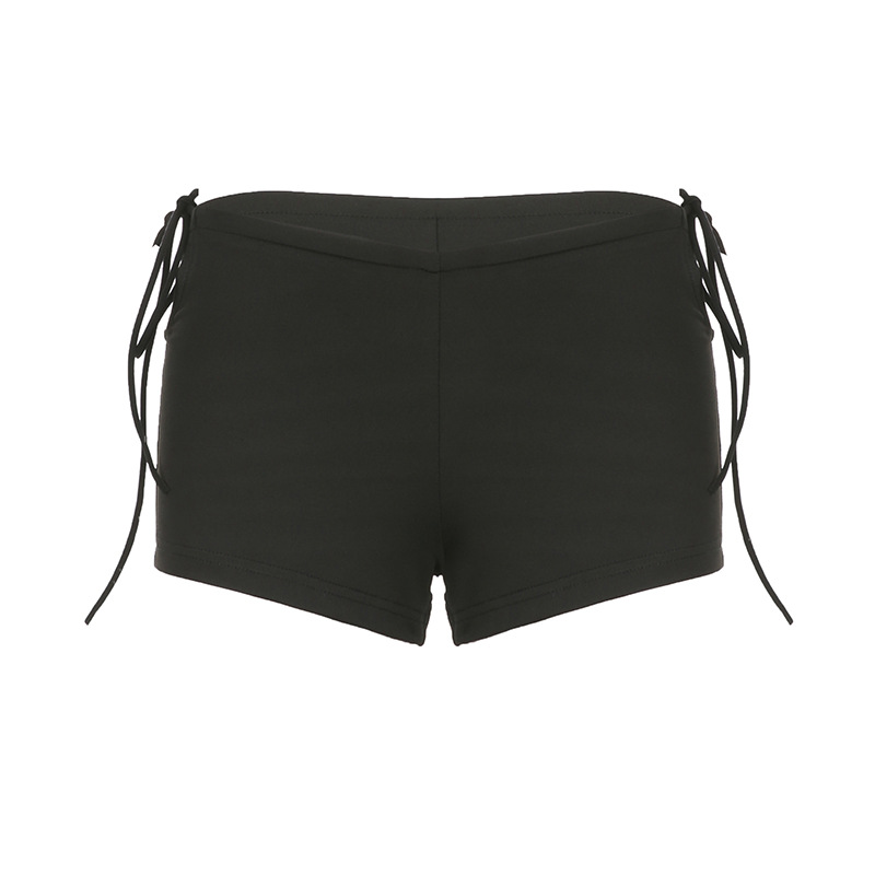 Sexy Hollow Lace-up Tight Hot Pants European and American Fashion ins Simple Solid Color Low Waist Lightweight Super Shorts