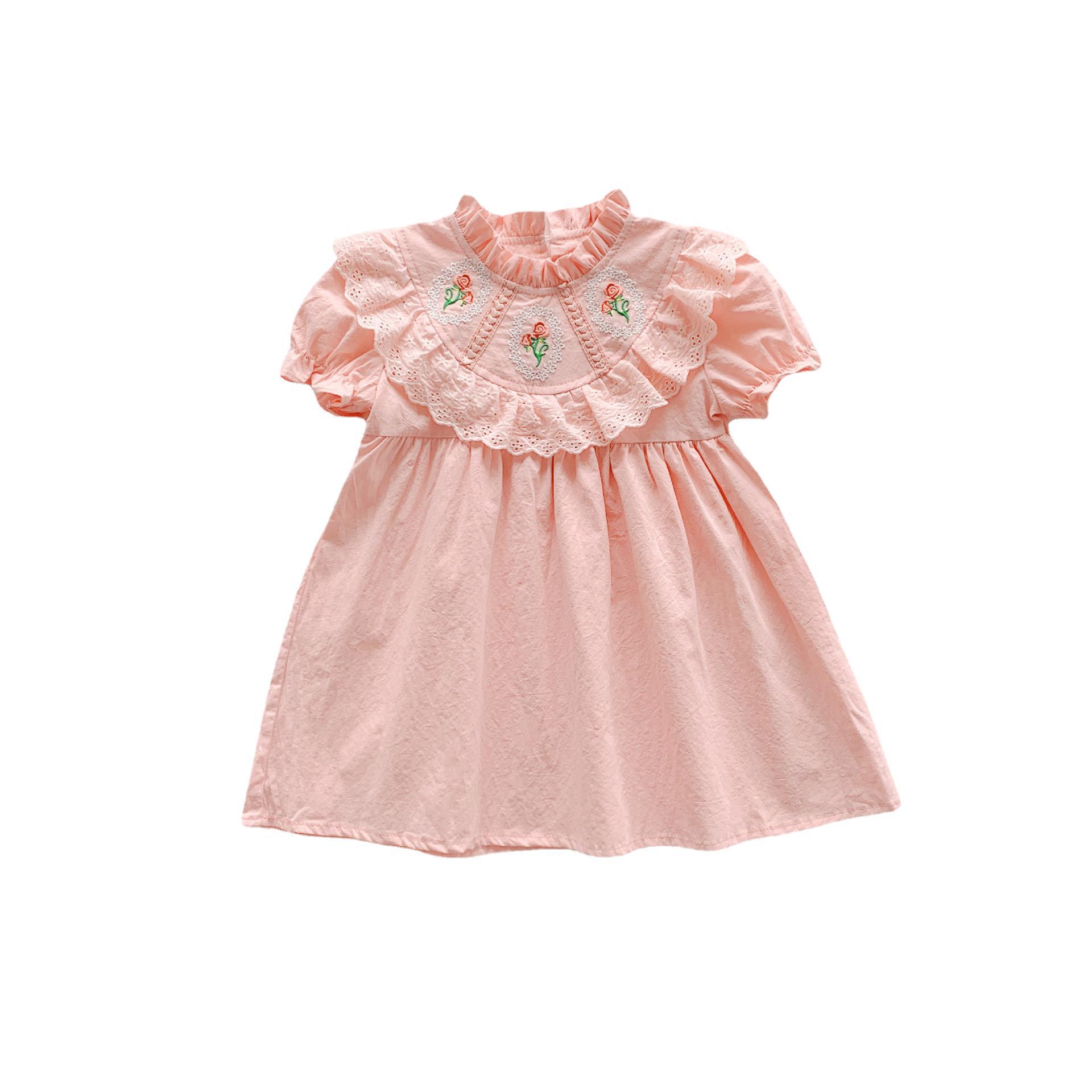 French retro rose embroidery girls dress 2023 Summer lace short sleeve cotton children's skirt wholesale
