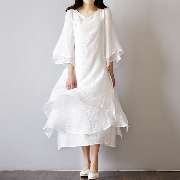 Original Women's Clothing Cotton and Linen Artistic Double Layer Dress Retro Mori Girl Zen Modified Hanfu Long Dress Summer Dress