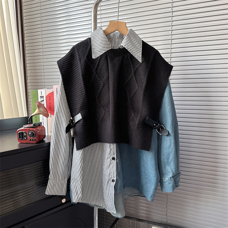 Design sense Denim stitching two-piece sweater for women 2023 autumn and winter New versatile slimming small knitted top