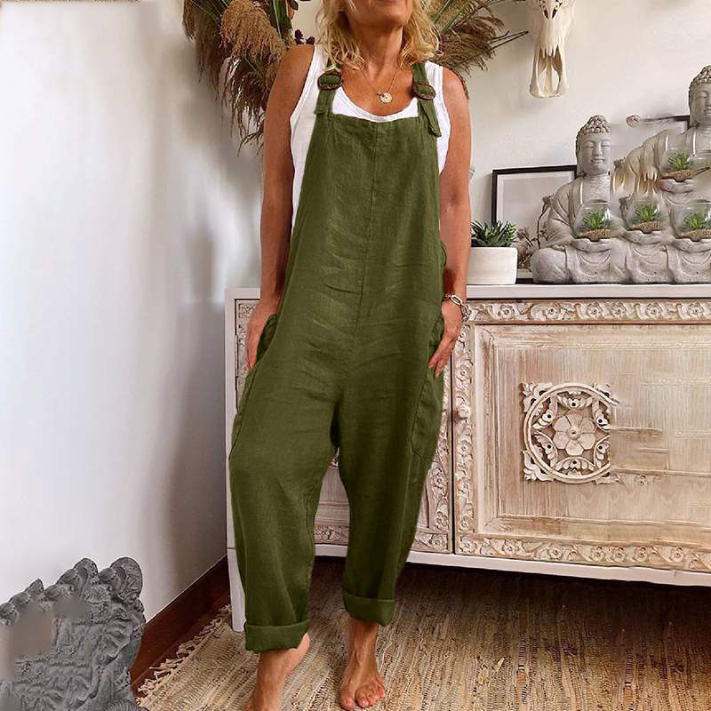 2023 New wish Amazon AliExpress Wide Leg Jumpsuit Women's Adjustable Button Cotton Linen Pocket Work Clothes