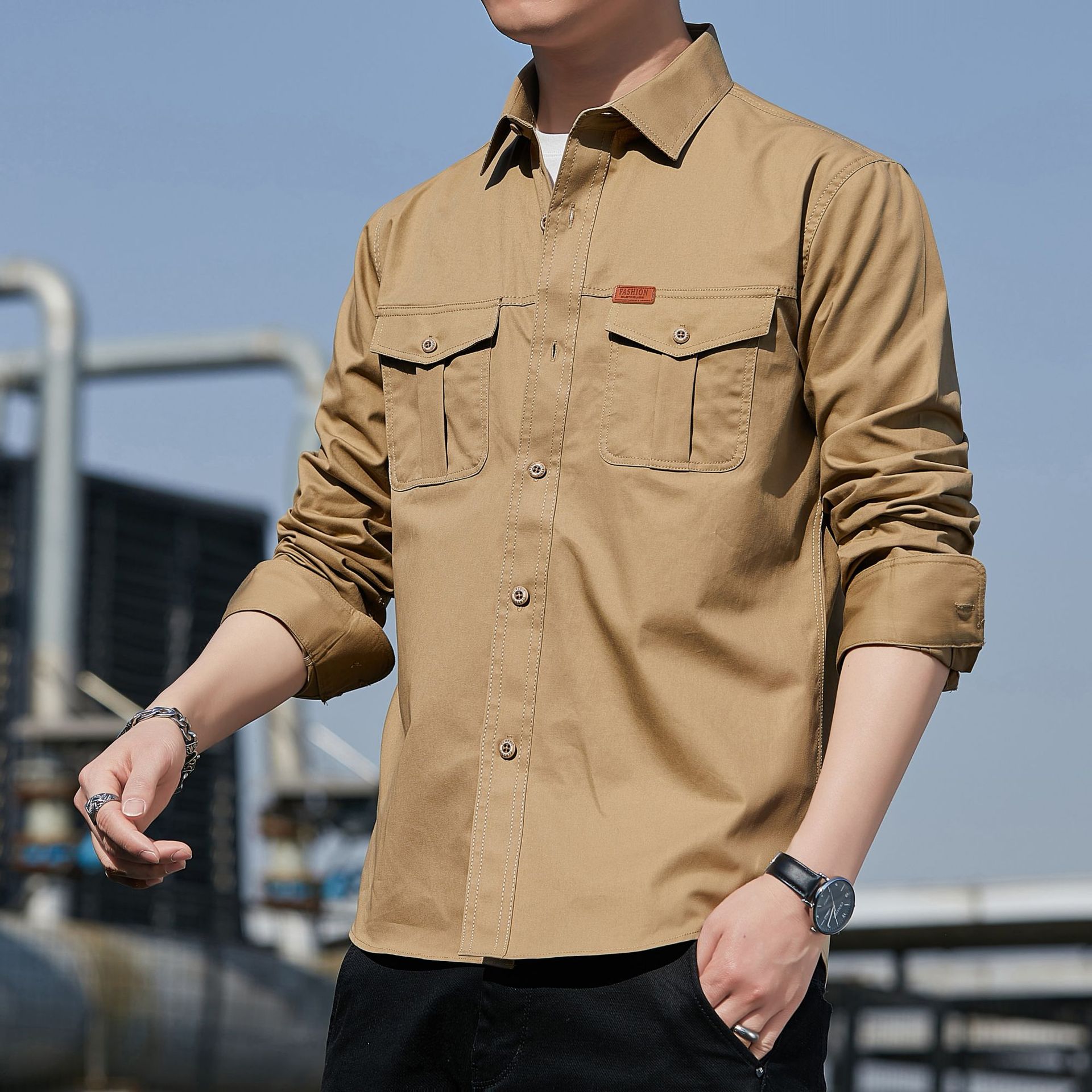 2023 Cotton Washed Men's Casual Double Bag Shirt Long Sleeve Spring and Autumn Youth Casual Square Collar Shirt Work Wear