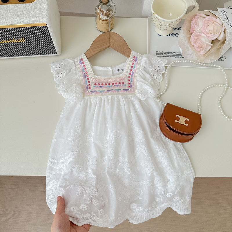 Children's skirt 2024 spring girls' Korean-style embroidered lace dress children's short-sleeved ruffled idyllic princess dress