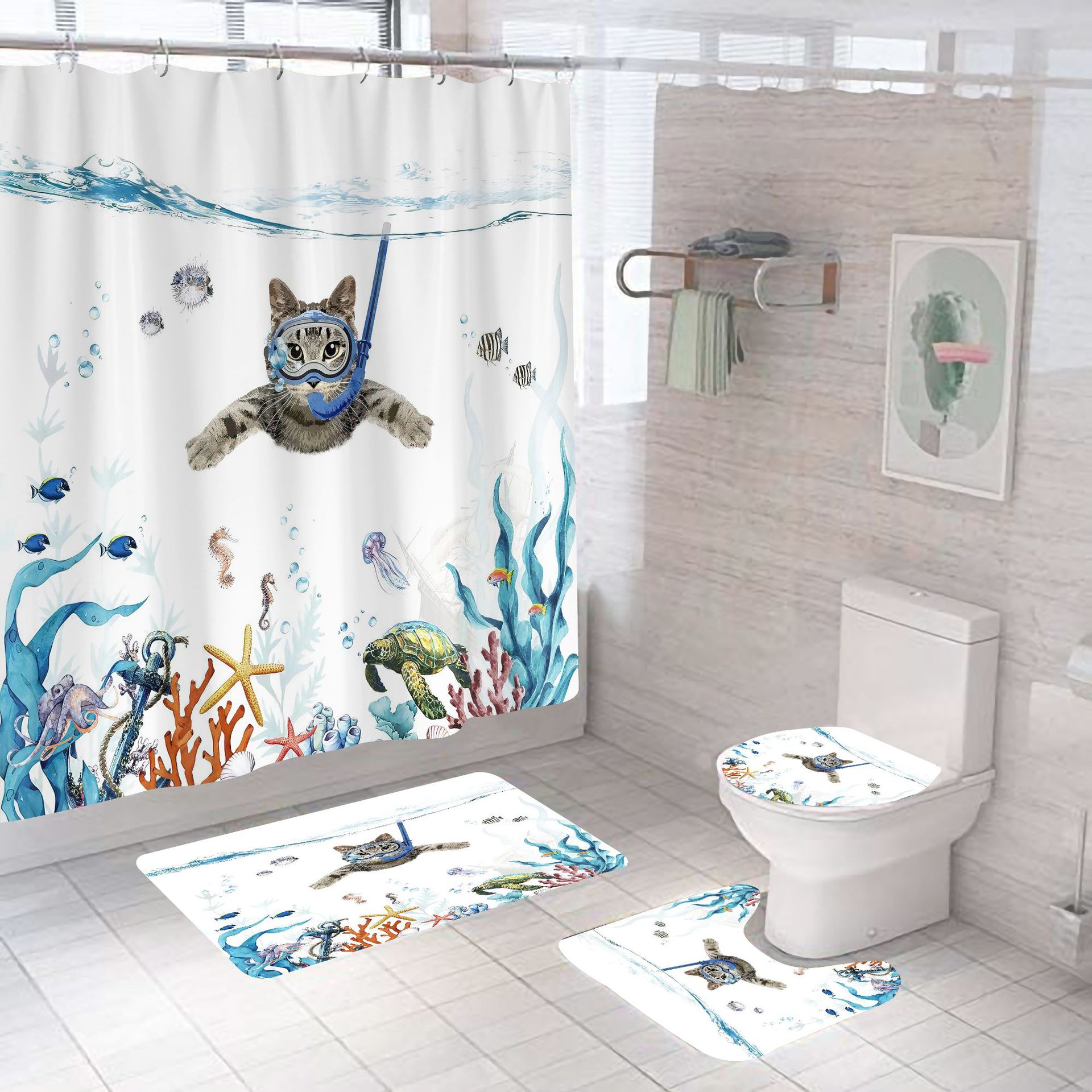 Cross-border new cat world shower curtain suit digital printing polyester shower curtain punch-free shower curtain bathroom curtain