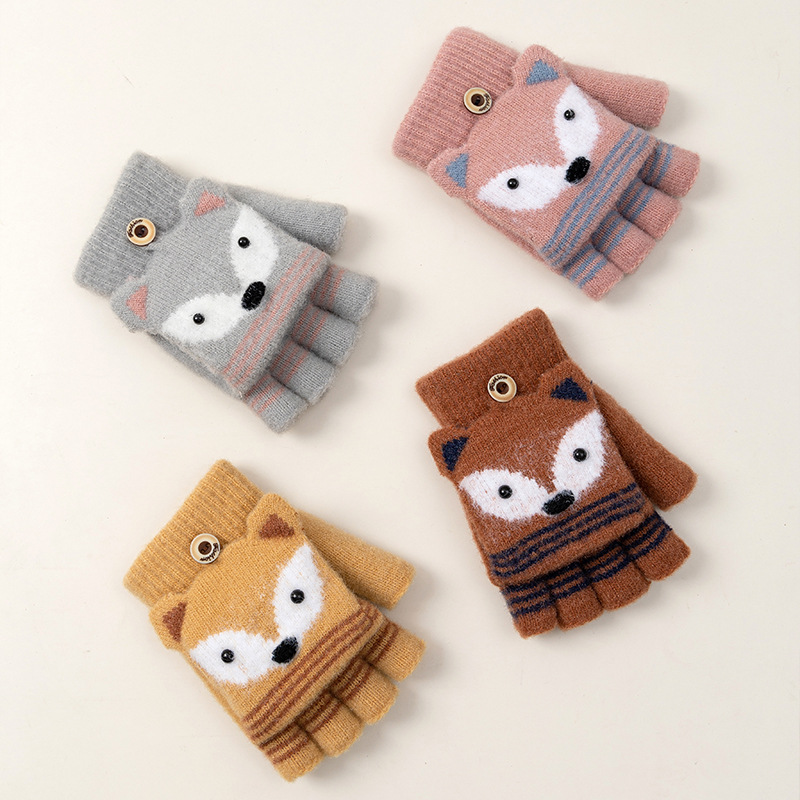 Children's Winter Half Finger Flip Cartoon Knitted Warm fleece-lined Finger Cute Boys Gloves Wholesale Girls Cold