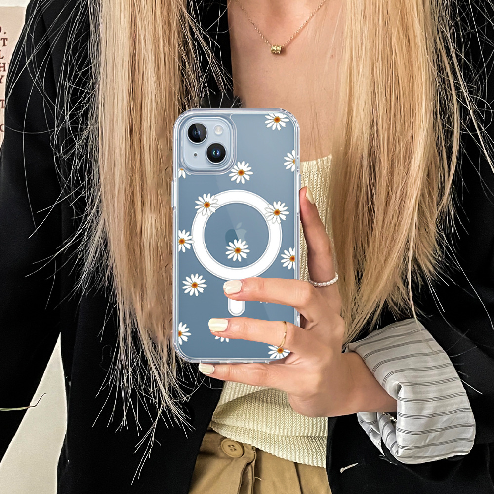 TPU+PC適用蘋果iPhone15promax磁吸手機殼國潮歐美花朵彩繪保護套