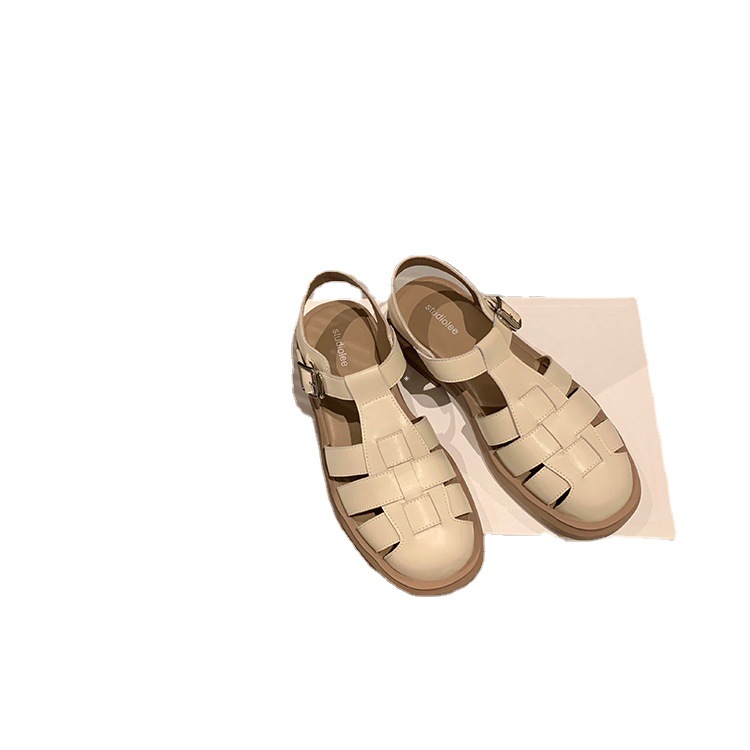 Grape Mom Same Style 2023 Spring and Summer New Soft Bottom Covered Toe Thick Heel Thick Bottom Vintage Fashion Roman Woven Sandals for Women