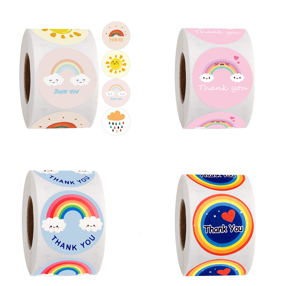 Cross-border wholesale cute cartoon rainbow thank you sticker gift seal no-dry adhesive label pink stationery supplies