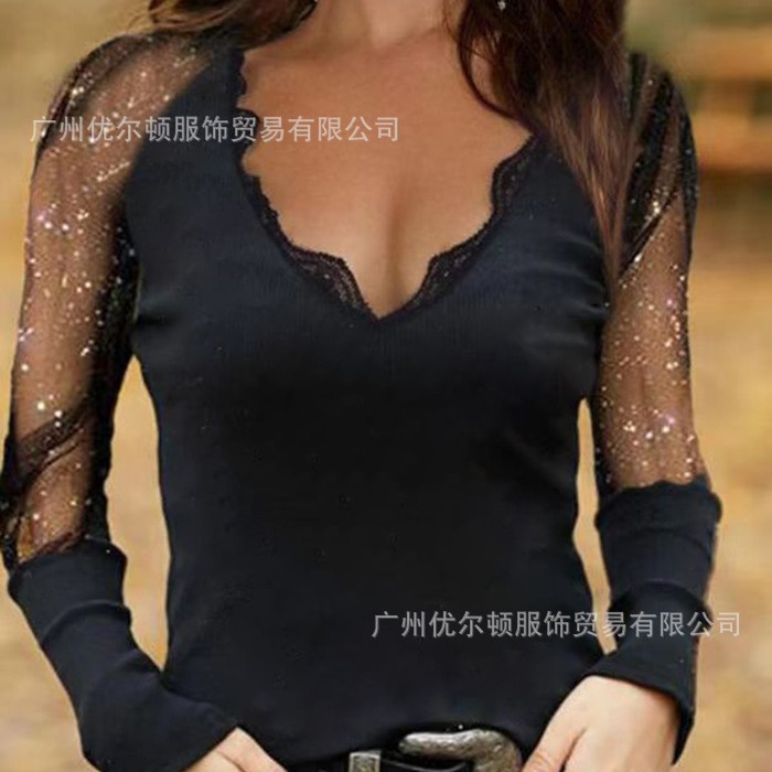 2022 Amazon wish European and American Cross-border Spring New Women's Solid Color Fashion V-neck Long Sleeve Top T-shirt