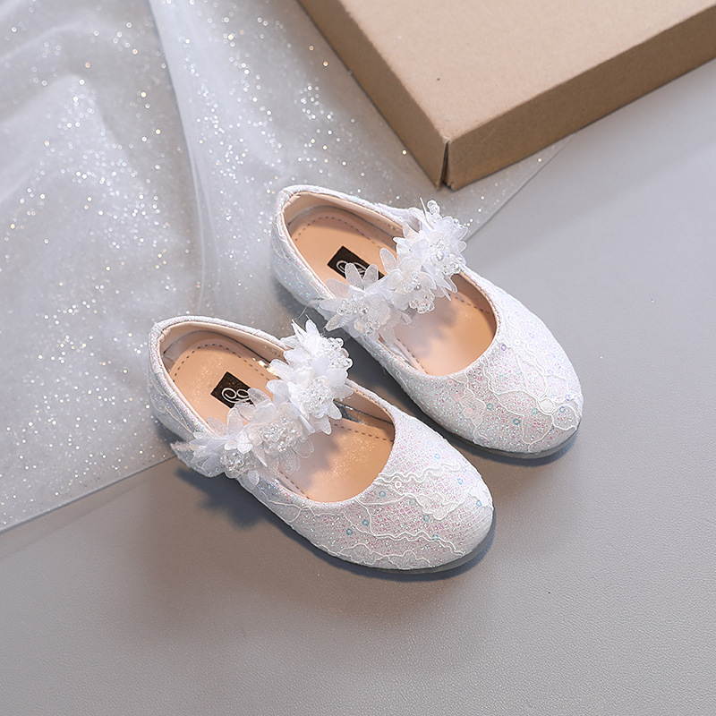 Little girl's leather shoes spring and autumn children's fashion Pearl small flower small leather shoes girls' small high heels Korean style princess shoes