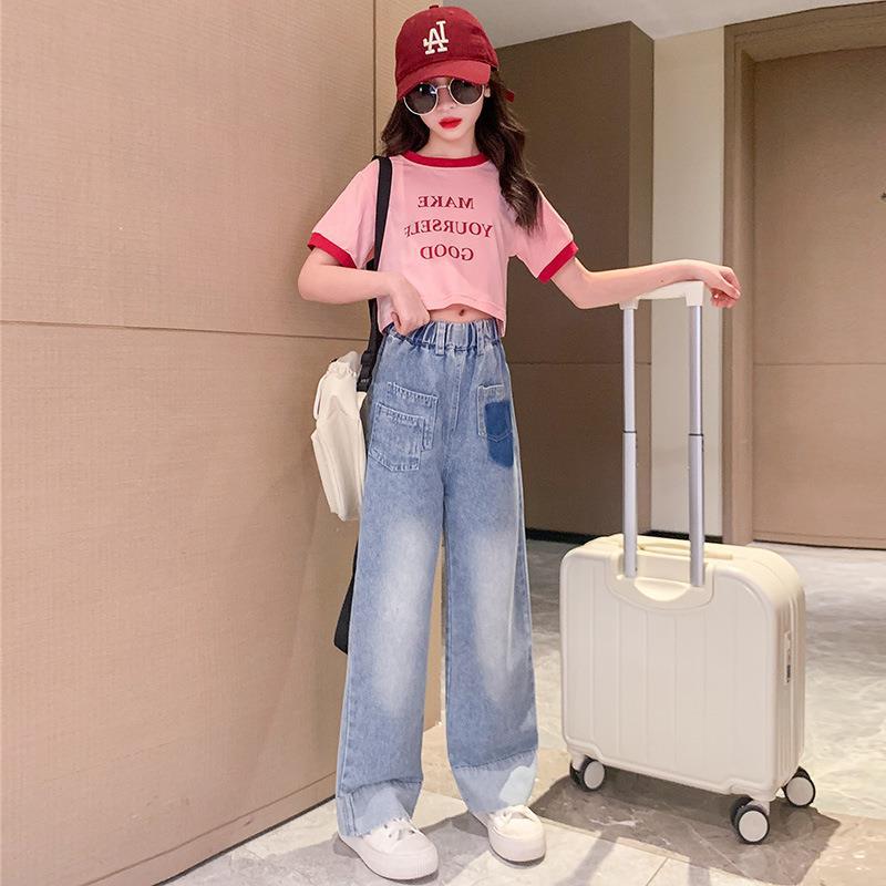 Girls Summer Suit New  Big Children Letter T-shirt Fashionable Street Jeans Two-piece Trendy Set