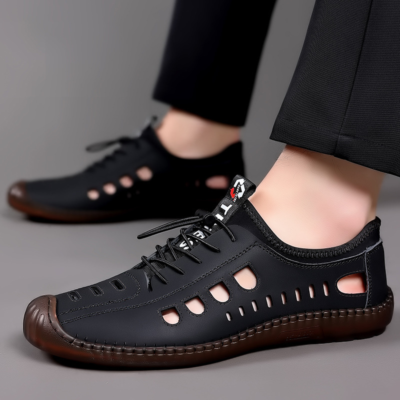 2022 summer men's leather casual men's shoes soft bottom men's casual hollow hole shoes wholesale breathable leather sandals