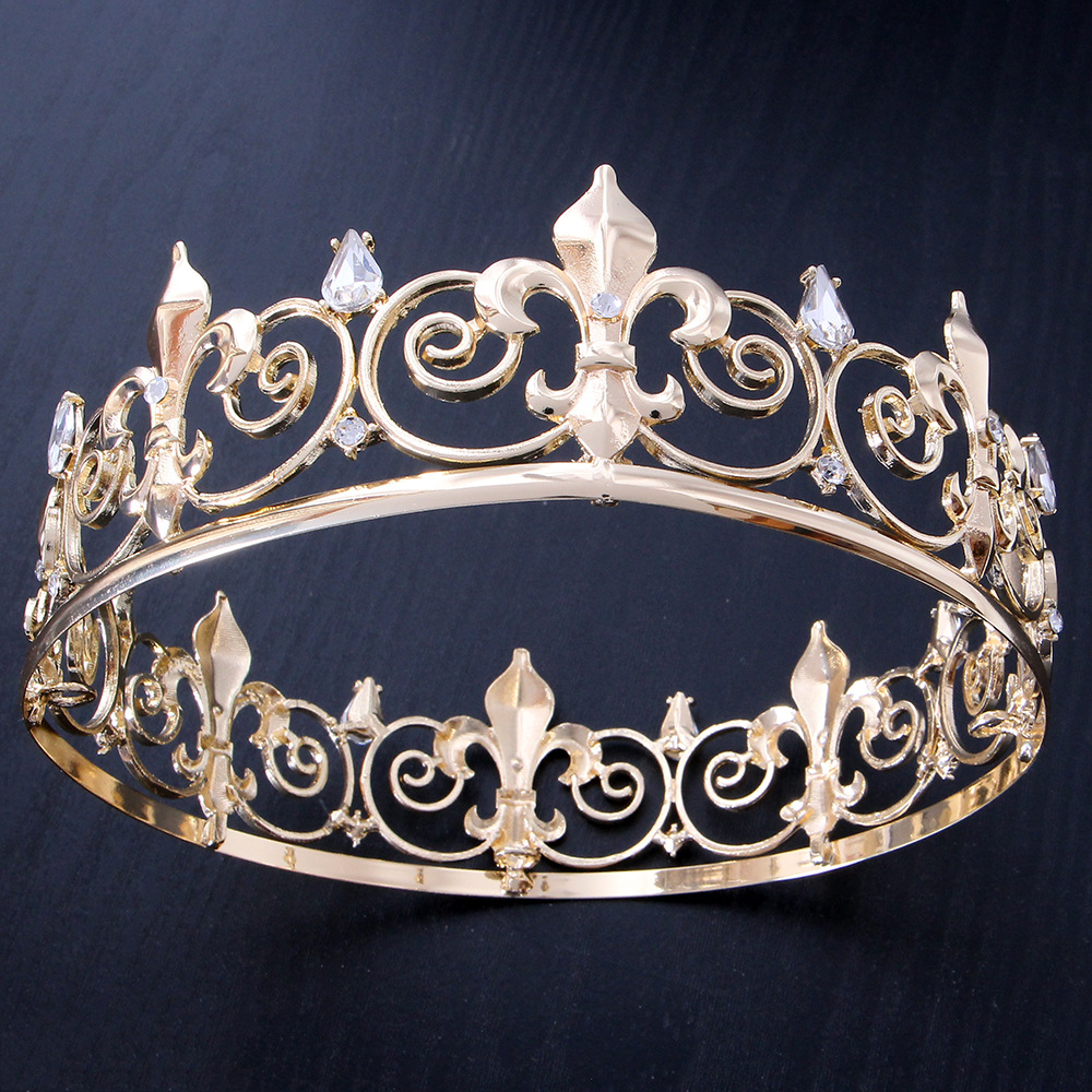 European and American Classic King Hair Jewelry Baroque Full Round Rhinestone Gold Alloy Men's and Women's Party Ball Crown Headwear