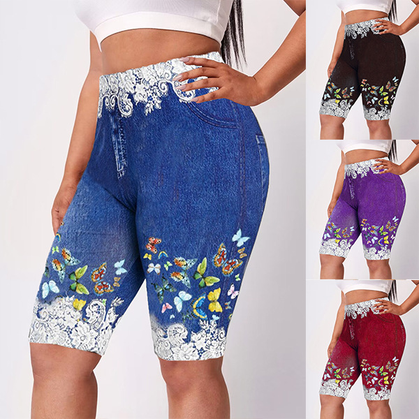 Spot European and American AliExpress Explosions wish Hot Selling Women's Flower Denim Leggings Large Size Sexy Sports Yoga Pants
