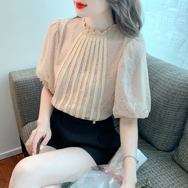 2023 French Retro Lace Crewneck Lace Shirt Half Sleeve Chic Striped Top Salt Sweet Art