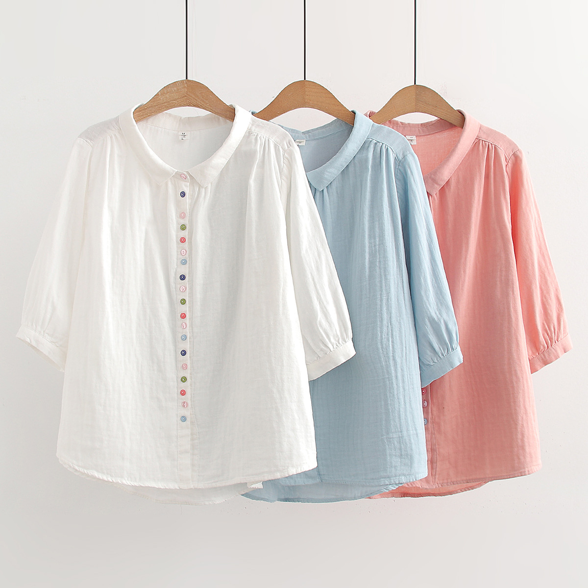888125 fresh colorful button double-layer cotton yarn 3/4 sleeve shirt women's summer New loose slimming top