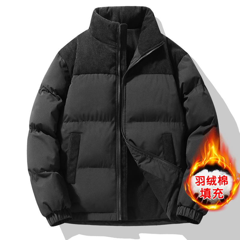 Couple's new cotton-padded coat men's corduroy stitching stand collar cotton-padded jacket loose plus size down cotton-padded jacket casual fashion brand coat