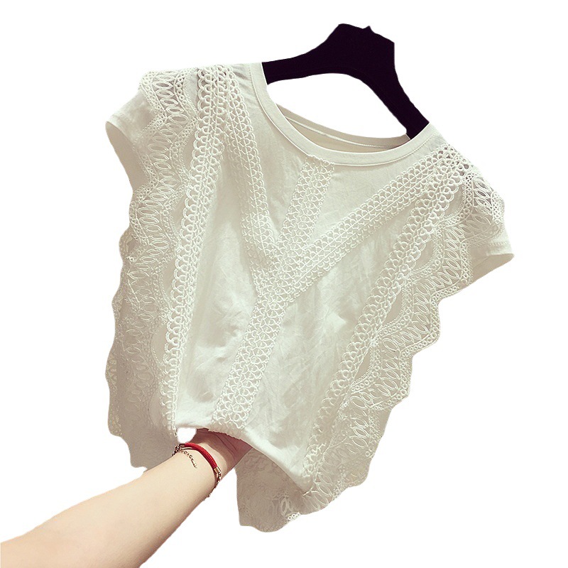 Summer 2022 Korean Fashion White Hollow Lace Ice Silk Cotton Short-sleeved Super Fairy Western Style Shirt