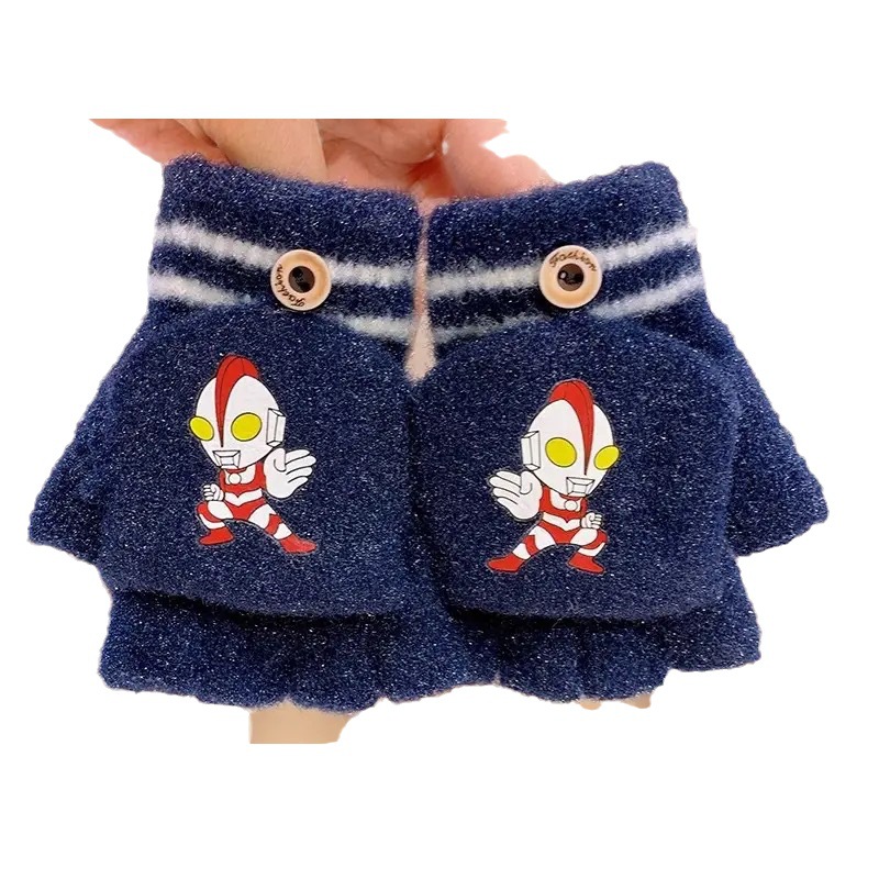 Children's gloves winter boys and girls warm Ultraman half finger flip finger cover baby fleece-lined thickened primary school students