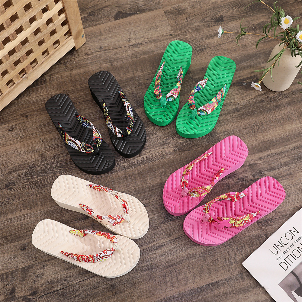 Summer new women's thick-soled flip-flops bohemian satin cloth with ethnic fashion outerwear cross-border beach sandals