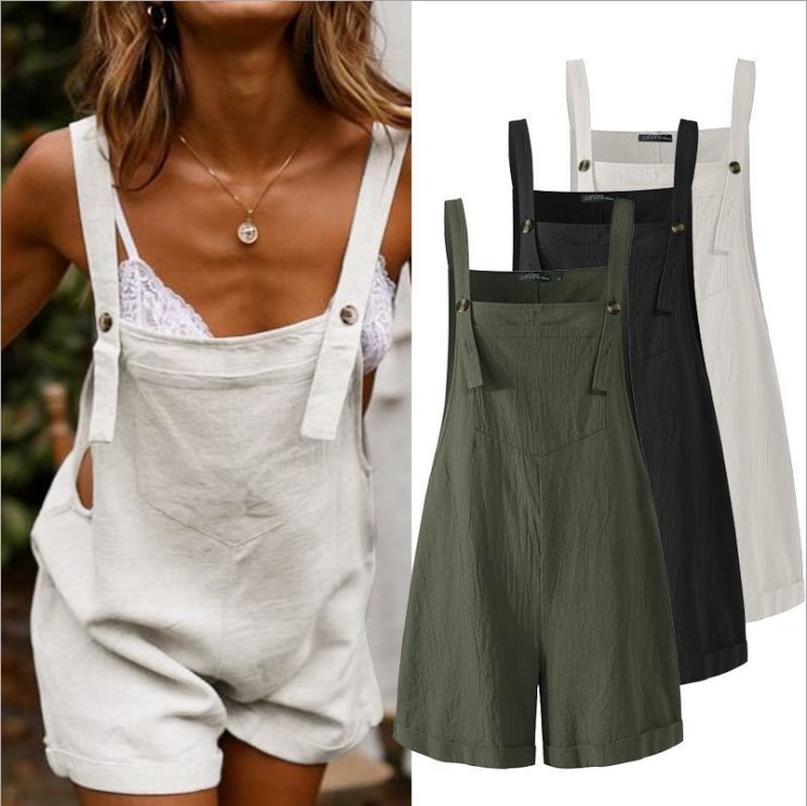 European and American 2021 summer cross-border new cotton and linen new one-piece strap solid color button casual women's shorts
