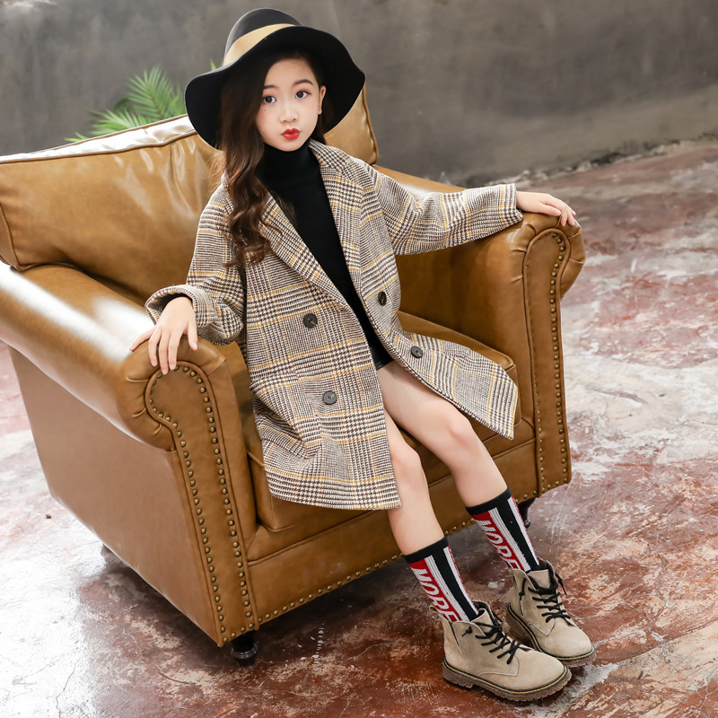 Girls' Woolen Coat 2021 Autumn and Winter New Children's Mid-length Plaid Coat Trendy Woolen Coat for Large Children
