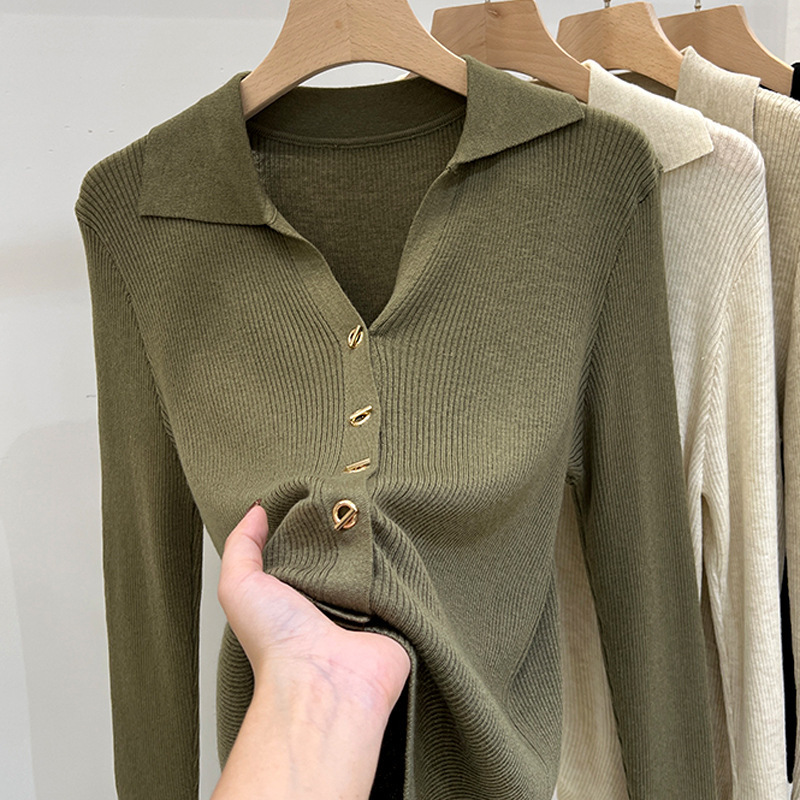Design sense niche lapel long-sleeved sweater for women 2023 autumn and winter western style solid color top bottoming shirt sweater