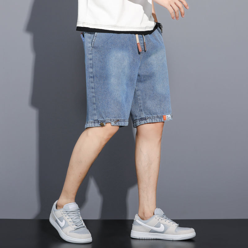 Denim shorts men's Hong Kong style fashion brand loose retro all-match straight pants trendy handsome cropped pants summer thin