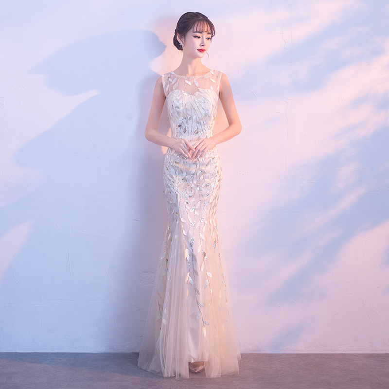 Evening Dress Women's 2024 New Style Champagne Color Banquet Noble Elegant Host Long Fishtail Party Long Dress Slim-fit