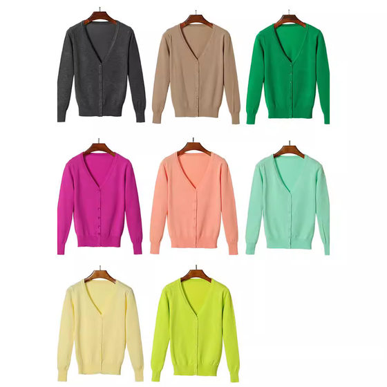 2023 Korean style large size women's v-neck spring and autumn knitted cardigan women's solid color long sleeve v-neck thin sweater in stock
