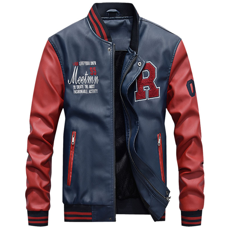 2023 Spring and Autumn New Youth Baseball Suit Fleece PU Leather Men's Motorcycle Jacket Coat Tough Guy Leather Coat