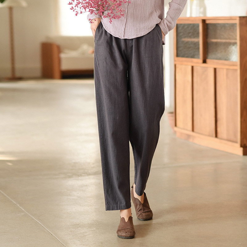 Cotton and Linen Women's 2023 Spring and Summer New High Waist Slimming Casual Pants Women's Solid Color Ramie Carrot Pants Retro Pants for Women