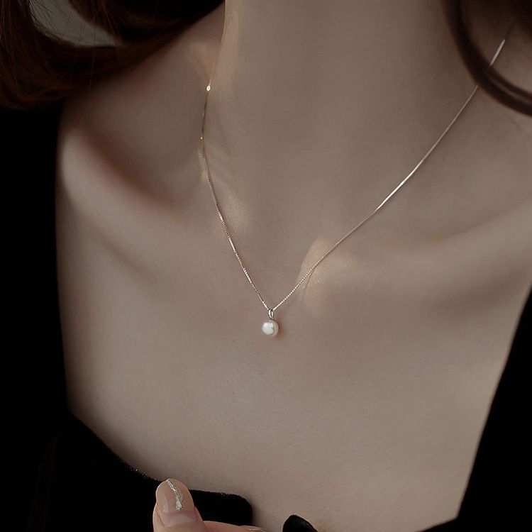 Silver 925 Sterling Silver Necklace Women's Single Natural Pearl Necklace Light Luxury Niche Light Luxury Box Chain Jewelry New Arrival