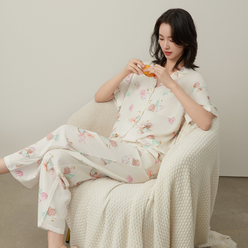Tencel lyocell spring/summer thin pajamas home wear summer pink leopard print plus size short sleeve cool cardigan suit