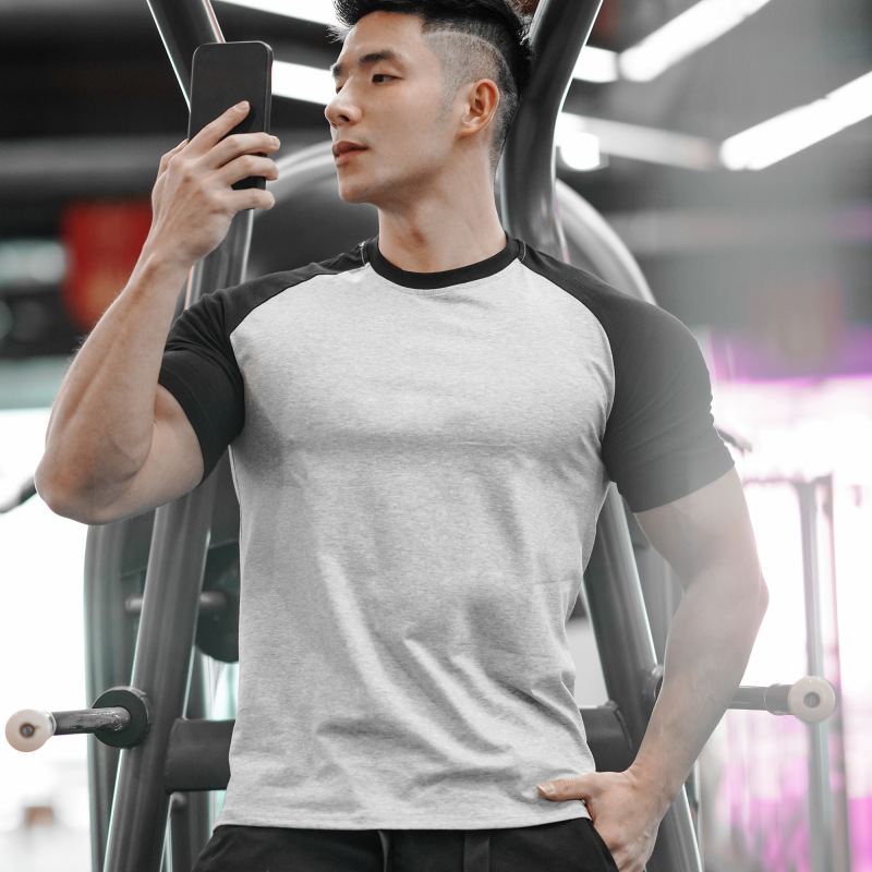 Men's sports T-shirt short sleeve quick-drying fitness clothes tight drop shoulder stitching cotton T-shirt summer training muscle