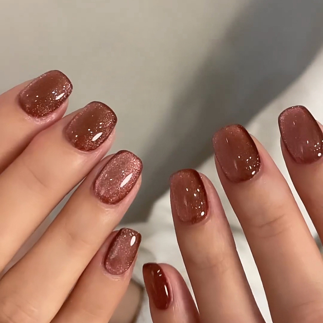 穿戴甲甲片榛果棕貓眼美甲穿戴式指甲貼美甲片成品press on nail