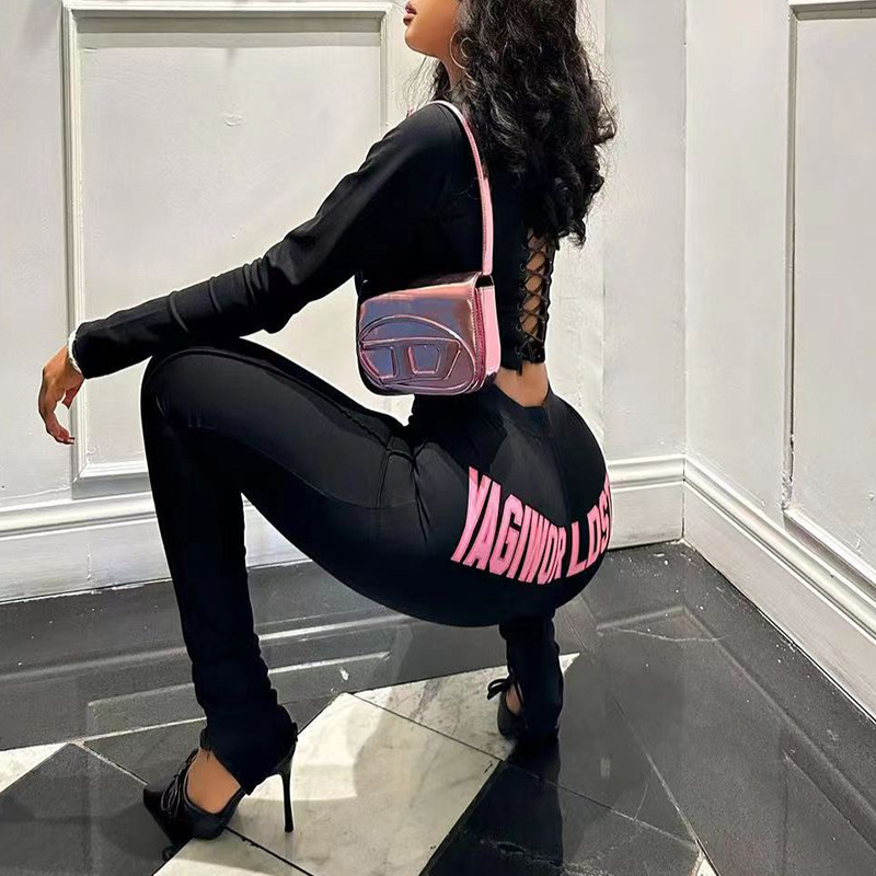 Long-sleeved knitted zipper top tight trousers two-piece suit European and American foreign trade women's clothing Amazon Africa hot sale