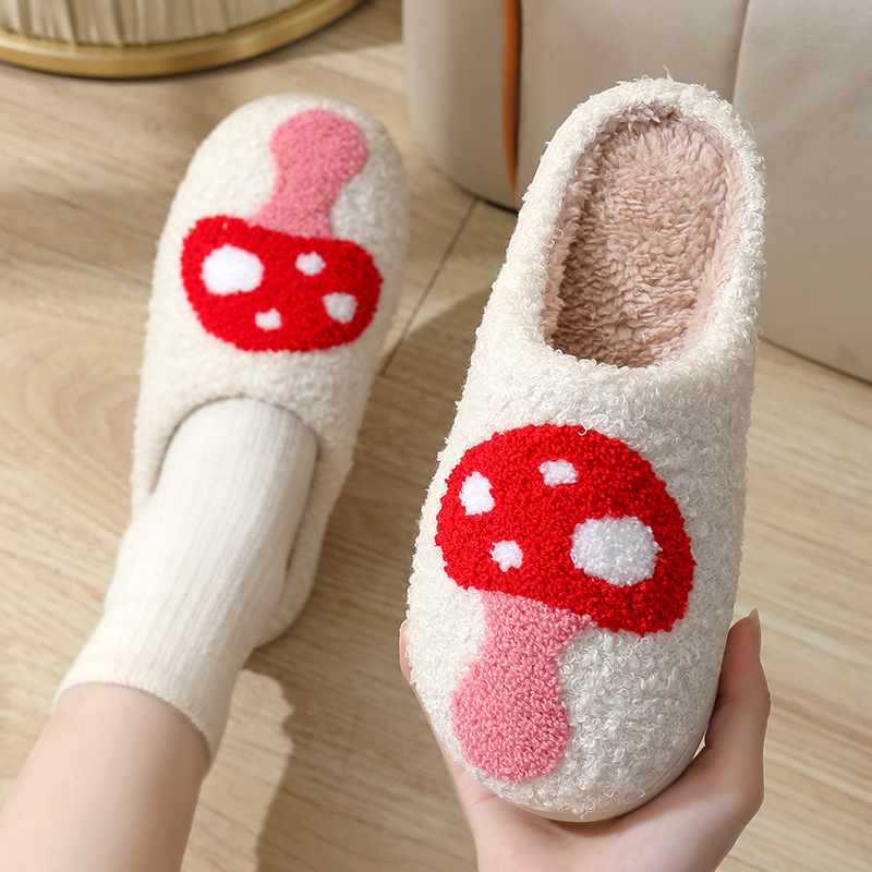Cross-border Mushroom Explosions Winter Smiley Peach Cotton Slippers Women Wholesale Indoor Home Rainbow Plush Warm Slippers