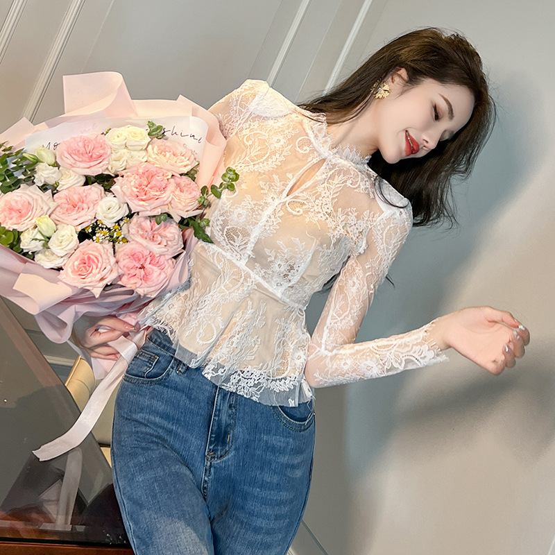 2023 Summer New Style Celebrity Sexy Hollow Ruffled Waist Top Design French Lace Shirt 203913