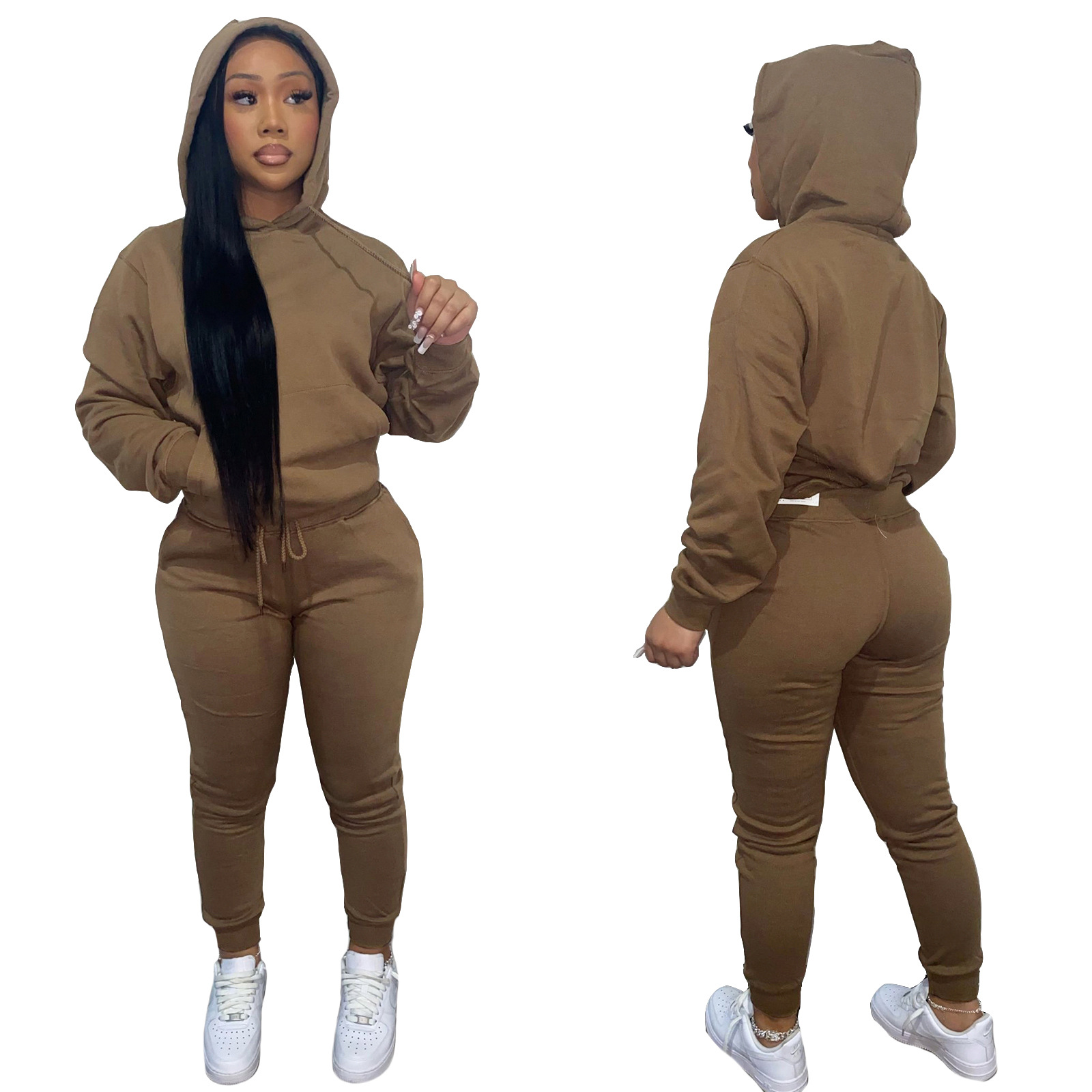 HR8197 European and American women's clothing  independent station supply autumn and winter plus velvet drawstring hooded two-piece set_voghion.com