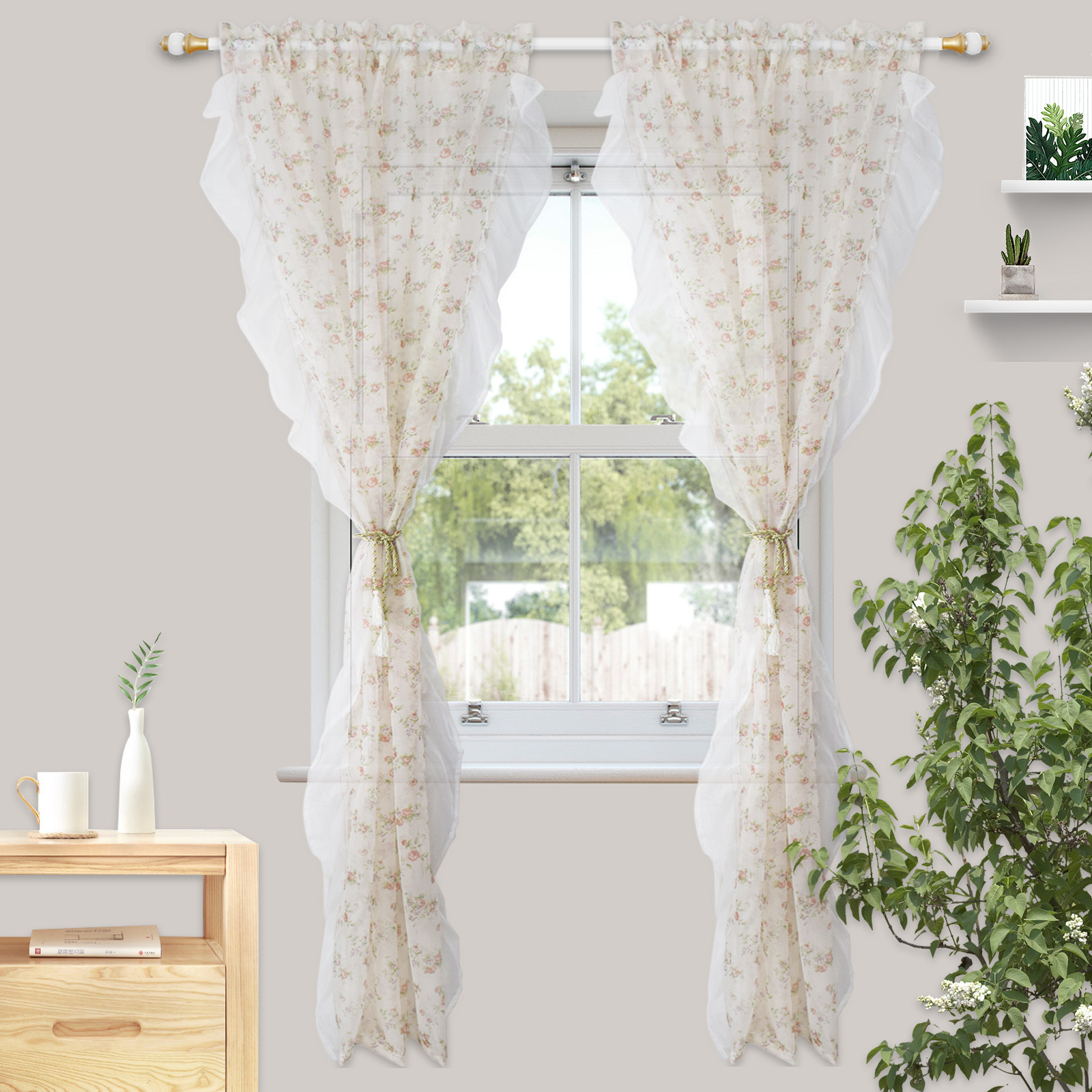 Cross-border generation hair small rose lace curtain decorative window screen farmhouse flowers rustic country pole pocket Amazon