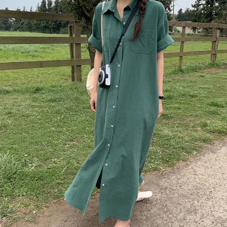 Cotton and Linen Shirt Dress Women's Summer Simple Long Tencel Ramie Short-sleeved Dress Over-the-knee Long Dress