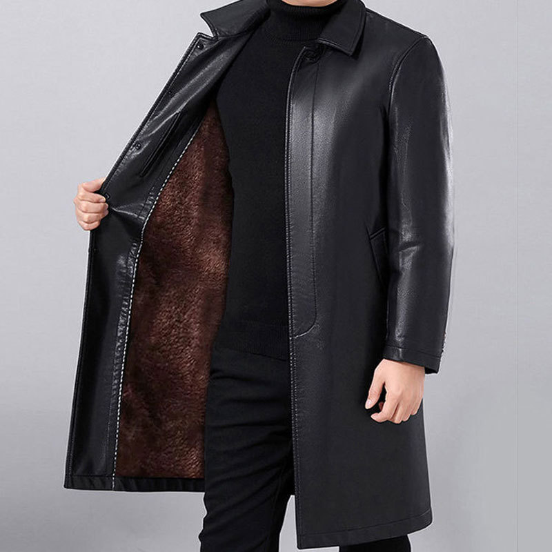 Thickened Long Leather Coat Men's Lapel Fur Integrated Leather Coat Thickened Over-the-knee Leather Coat Men's Coat